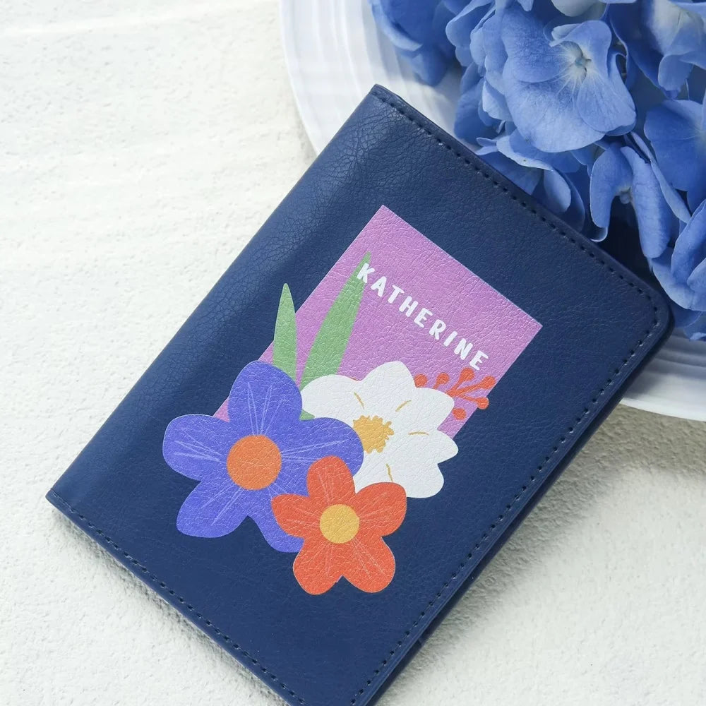 Personalized Floral Print Vegan Leather Passport Cover With Customized Name, Textured Flower Pattern Passport Holder