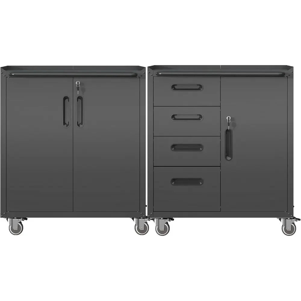 Double-Layer Heavy Duty Steel Rolling Tool Cabinet with Lockable Drawers and Adjustable Shelves for Mobile Workshop Storage and