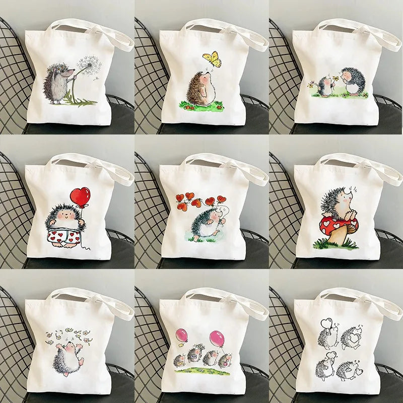 Cute Hedgehog Pattern Canvas Tote Bag With Adorable Heart Mushroom Balloon DesignsStylish Versatile Shoulder Bag For Daily Use