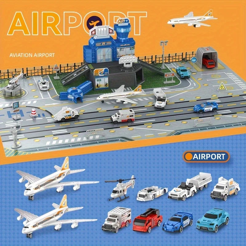 Airplane Toy Set with Trucks Helicopter Planes Signs Airport Playmat Interactive Early Learning Toys Birthday Gift for Boy Girl