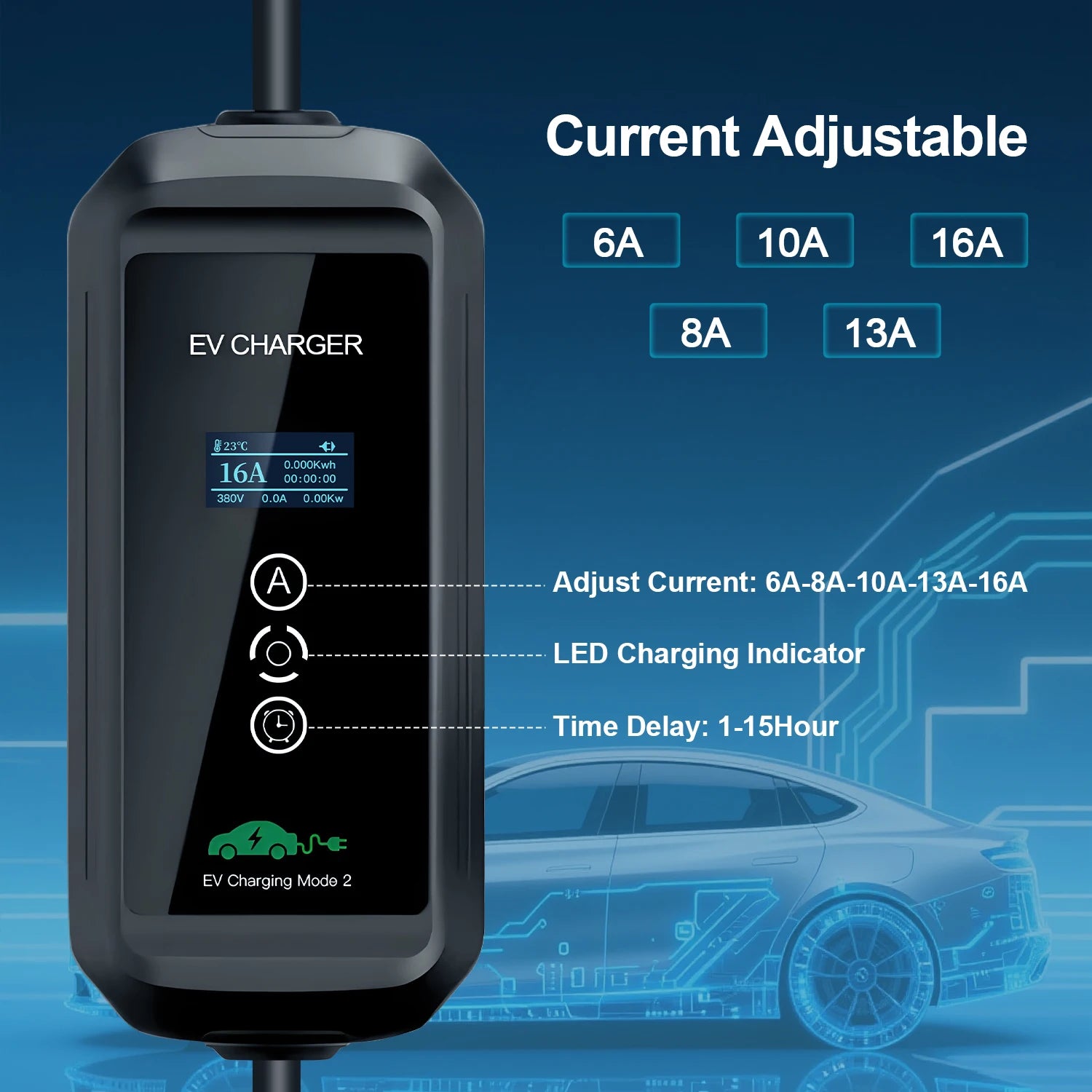 Portable 11KW 16A EV Portable Charger Type2 IEC62196-2 EVSE Charging Box Electric Vehicle PHEV Cars Charger CEE Plug 5M Cable