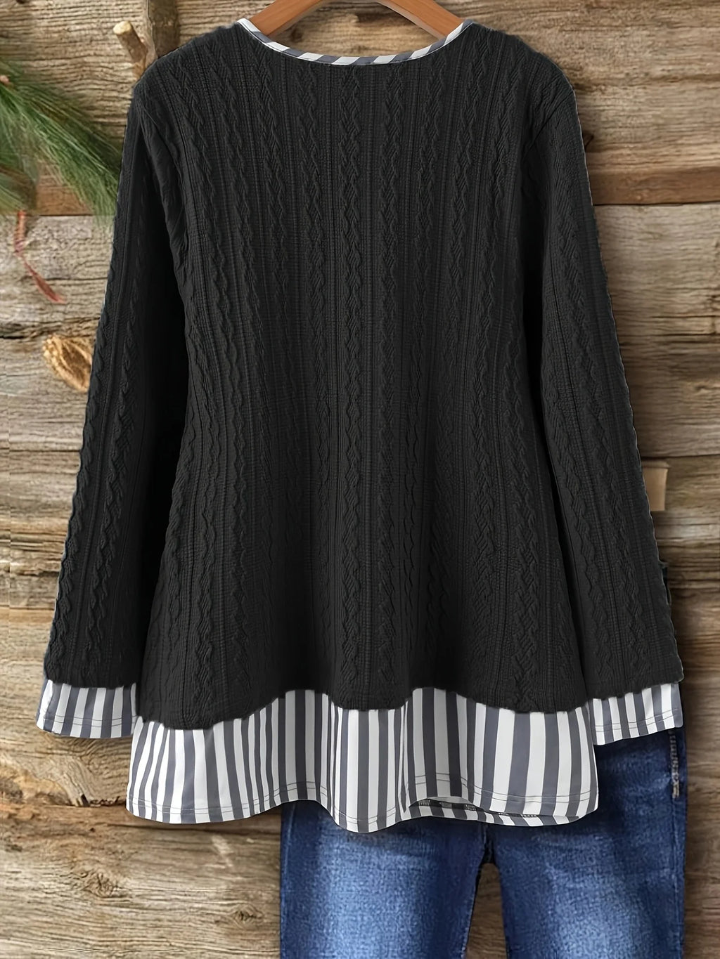 Plus Size Women Striped V-Neck Long Sleeve Casual Loose T-Shirt