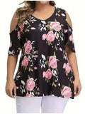 Women Cold Shoulder Flower Print Top Plus Size