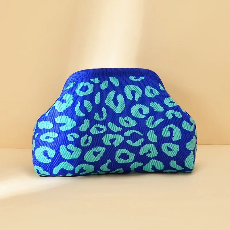 Leopard Print Knitted Clutch Bag Large Capacity Foldable Cloud Ruched Block Grid Clip Bag for Women Beach Crossbody Handbag