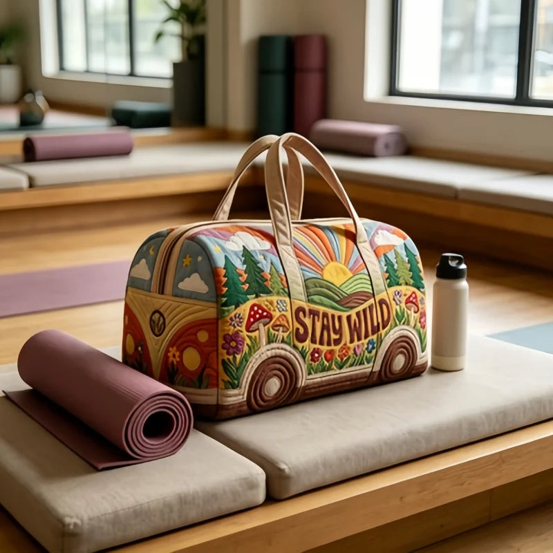 1pc Hippie Boho Quilted Duffle Bag, Vintage "STAY WILD" Van Travel Bag, Large Capacity Weekender Bag for Women Travel Gym