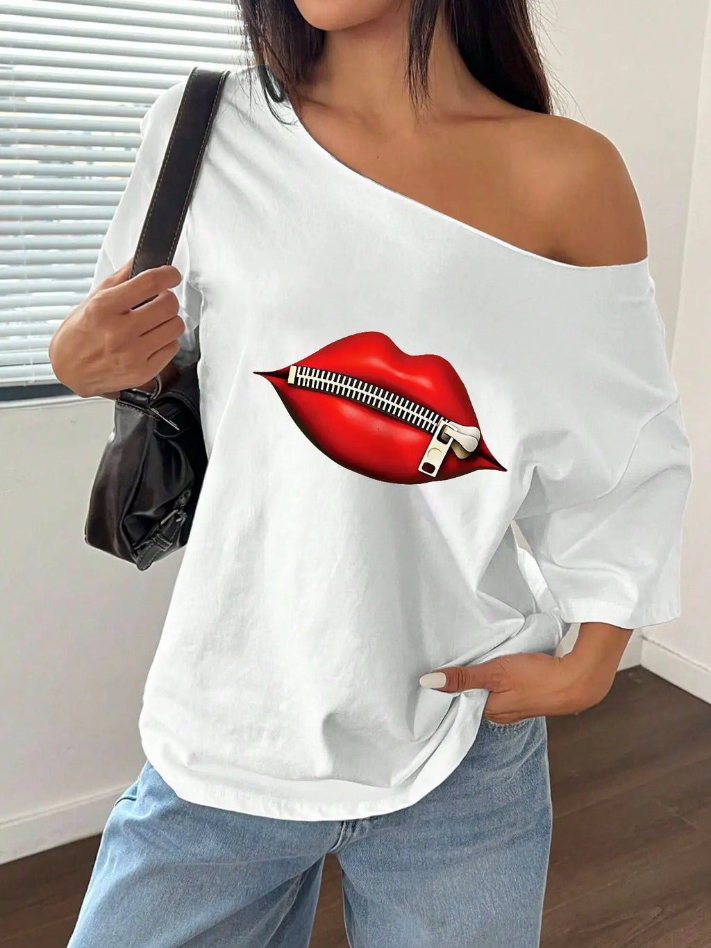 100% Cotton Plus Size Red Lips Zipper Print Shoulder Loose Print T-Shirt Oversized Y2K Style Graphic Tees Women Tops Summer O
