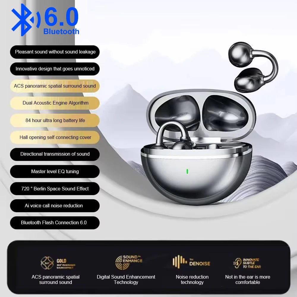 KEBIDUMEI Open Ear Bluetooth 6.0 Earphones Ear Clip Wireless Earbuds Sports Noise Reduction Headphones HD Call Gaming Headsets