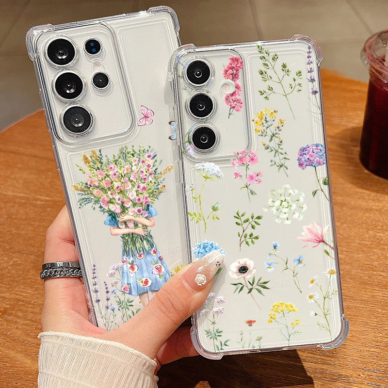 Colorful Flowers Pattern Clear Phone Case For Samsung Galaxy S26 S25 S24 S23 Ultra S22 Plus S21 S24 S25 FE Shockproof Soft Cover
