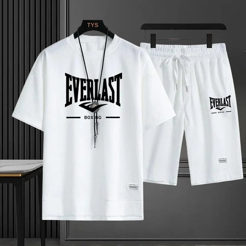 EVERLAST New Summer Men's Daily Casual Breathable Comfortable Loose Sports Set Fashion Brand Men's Waffle Top+Shorts 2-piece Set