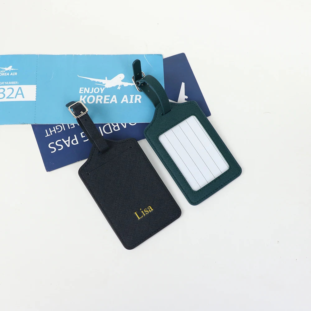 Customized name PU leather half-round luggage tag set with cross-patterned genuine leather travel case label pendant