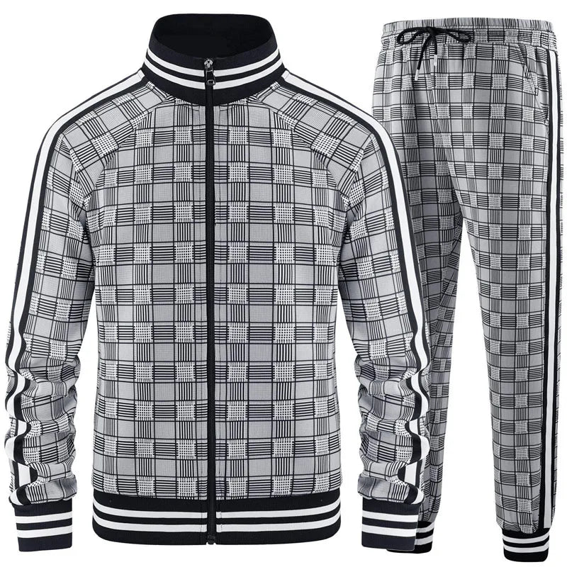 New Spring Autumn Plaid Printed Mens Zipper Jacket Sports Wear Sweatshirt Casual Outdoor Sports Checks Tracksuit Coat+Pant Set