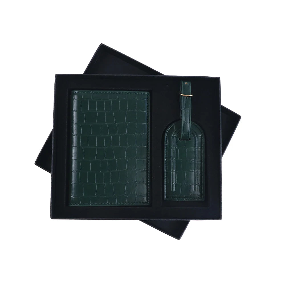 Customized Name PU Leather Crocodile Skin Pattern Luggage Tag + Passport Holder Gift Box Bag Accessories