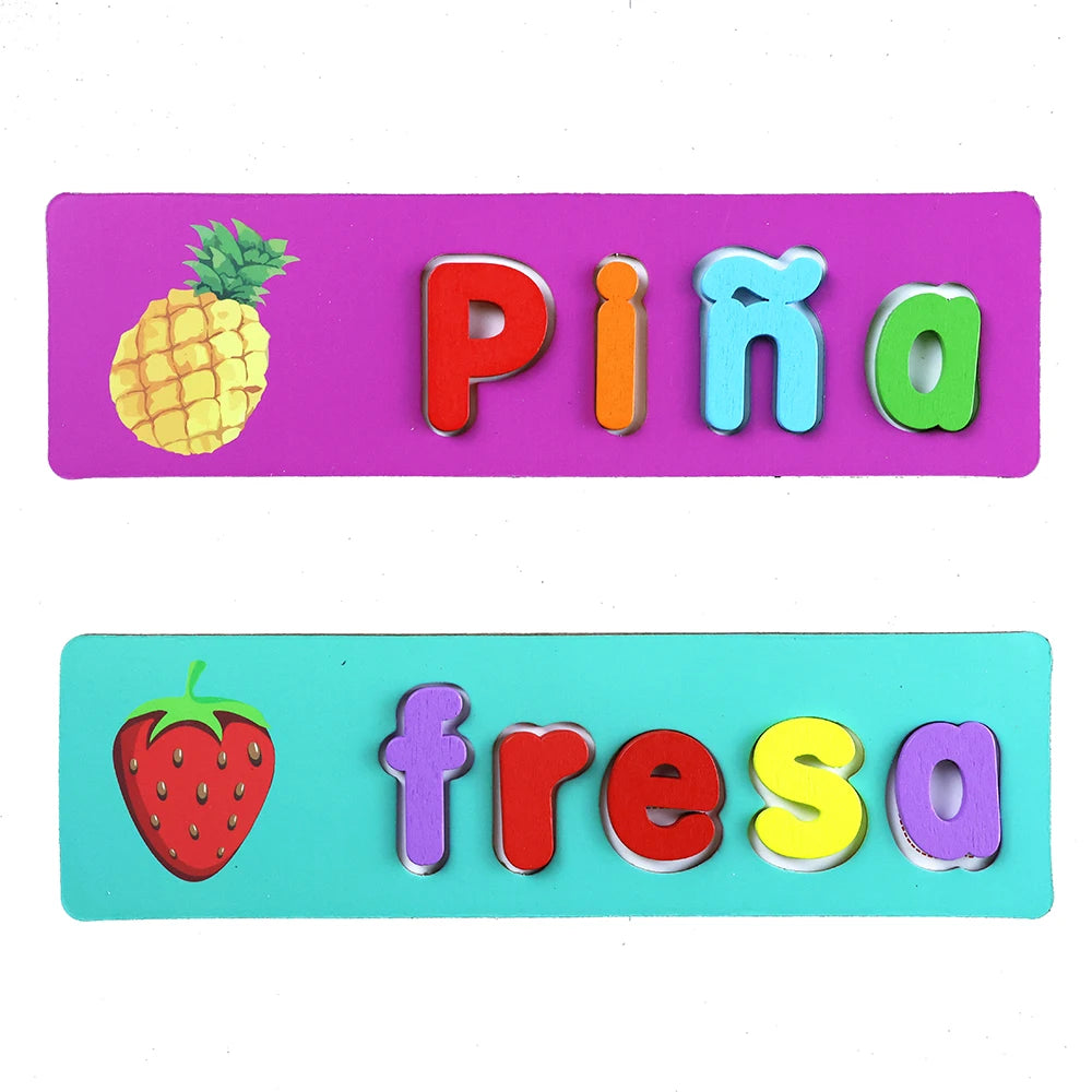Toddler Montessori Spell Spanish Alphabet Words Game Wooden Toy Learning Jigsaw Letter Puzzles Early Educational Toys for Kids