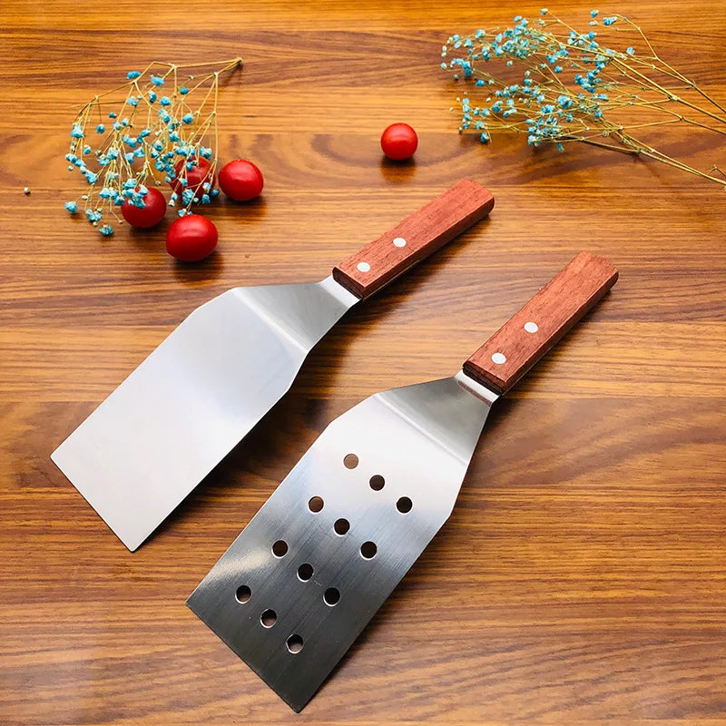 Stainless Steel Square Head Steak Cooking Spatula Wood Handle Pizza Shovel Pancake Beef Turner Scraper BBQ Utensils For Kitchen