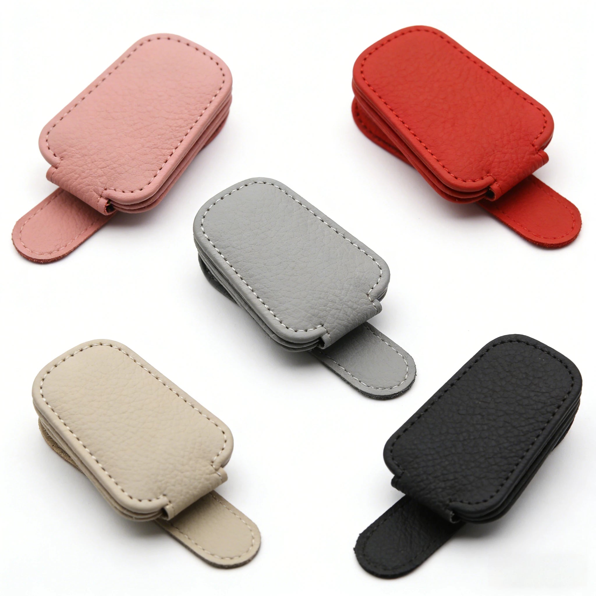 Sunglasses holders are compatible with car sunshades. They feature magnetic leather sunglasses clips and B-type clips.