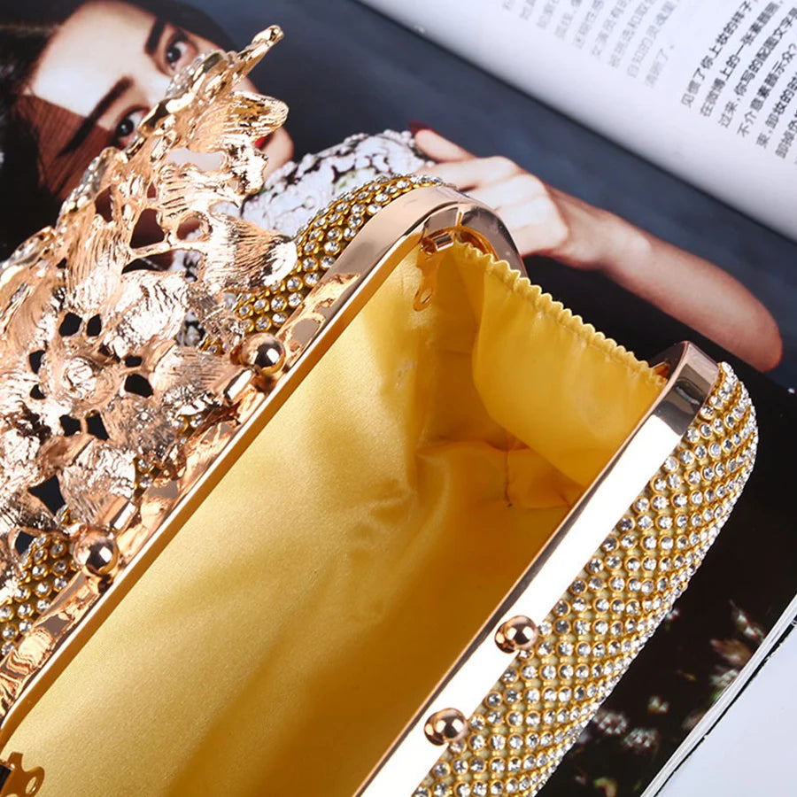 Shiny Diamond Evening Bag Flower Golden Handbag Boutique Novelty Metallic Rhinestone Clutch Purses Bridal Wedding Party Box Bags