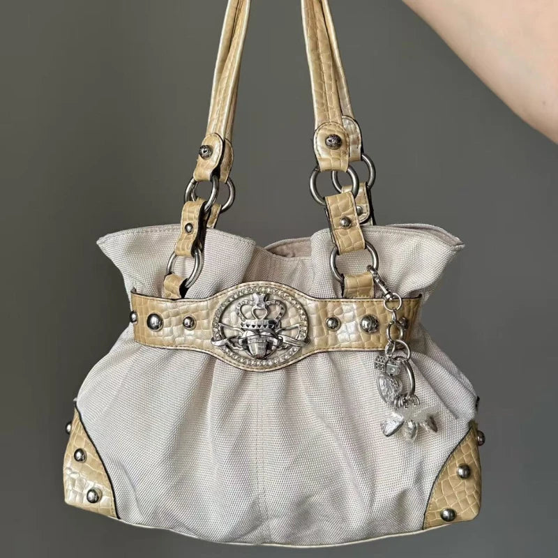 Retro Y2k Rivet Underarm Bag Women Brand Belt Buckle Shoulder Handbag Large Capacity Casual Commuter Tote Canvas Storage Bag