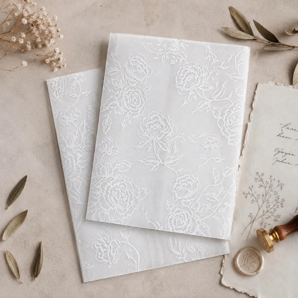 50pcs Pre-Folded Vellum Jackets - White Flower- Wedding Invitations Vellum Wraps - Full Bloom Design for Wedding, Baby Shower