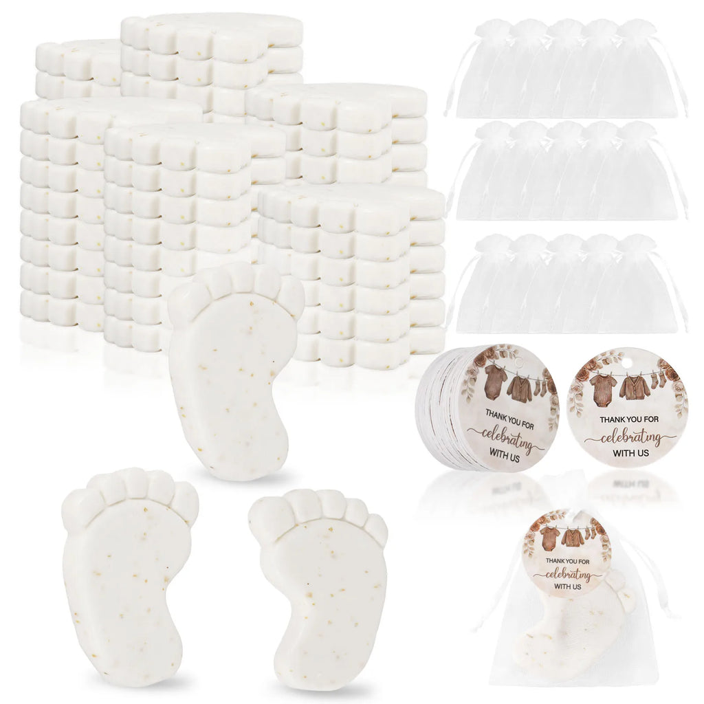 50 Sets Baby Shower Favors Cute Footprint Oatmeal Glycerin Soaps with Organza Bag and Thank You Card Keepsake Present for Guests