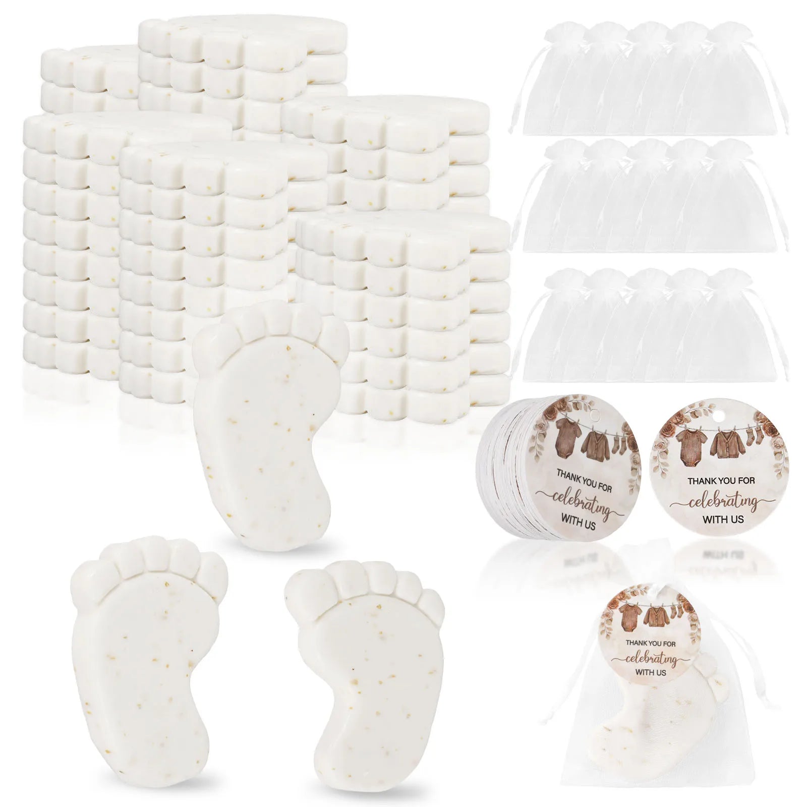 50 Sets Baby Shower Favors Cute Footprint Oatmeal Glycerin Soaps with Organza Bag and Thank You Card Keepsake Present for Guests