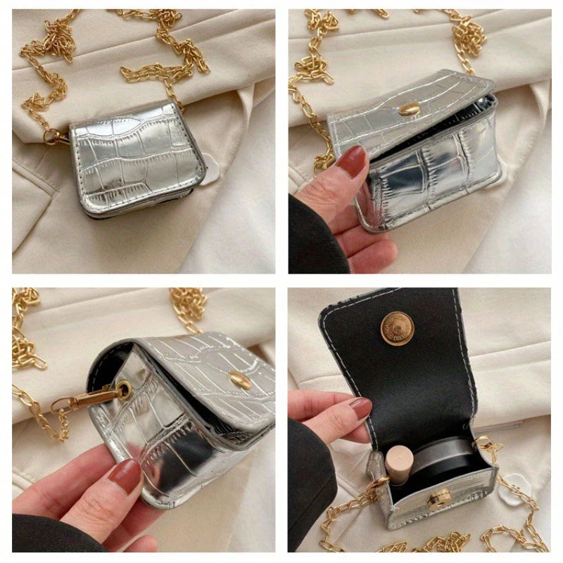 2025 Stylish Women's Mini PU Crocodile-Embossed Bag Decorative Coin Purse with Adjustable Metal Chain Strap Crossbody/Shoulder