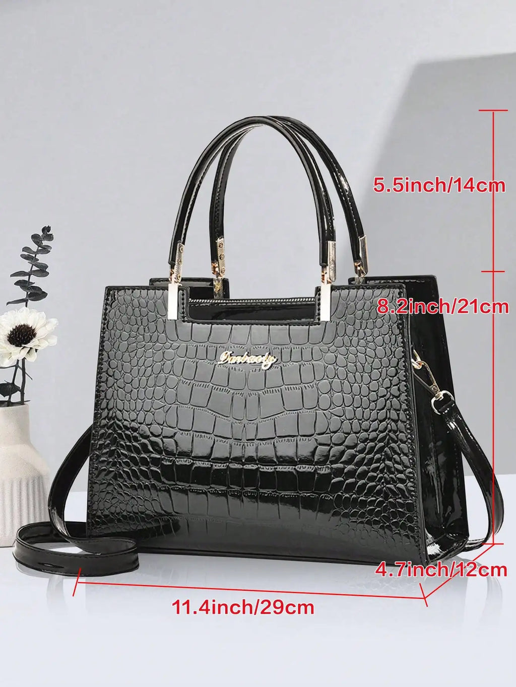 Elegant Crocodile Pattern Shiny Leather Crossbody & Top Handle Handbags, Luxury Business Casual Women Bags, Fashion Office Shoulder Bag, Creative Moth