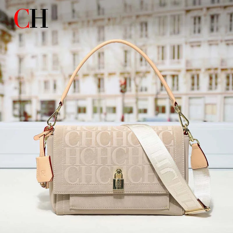 CH Embossed Flap Crossbody Bag Women 2 Detachable Straps Wide Shoulder Strap Designer Lock Leather Messenger Handbag