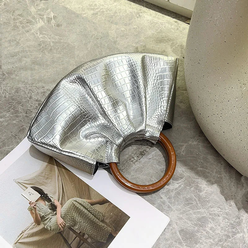 New trendy fashion texture solid color shoulder handbag glossy alligator leather pleated handbag