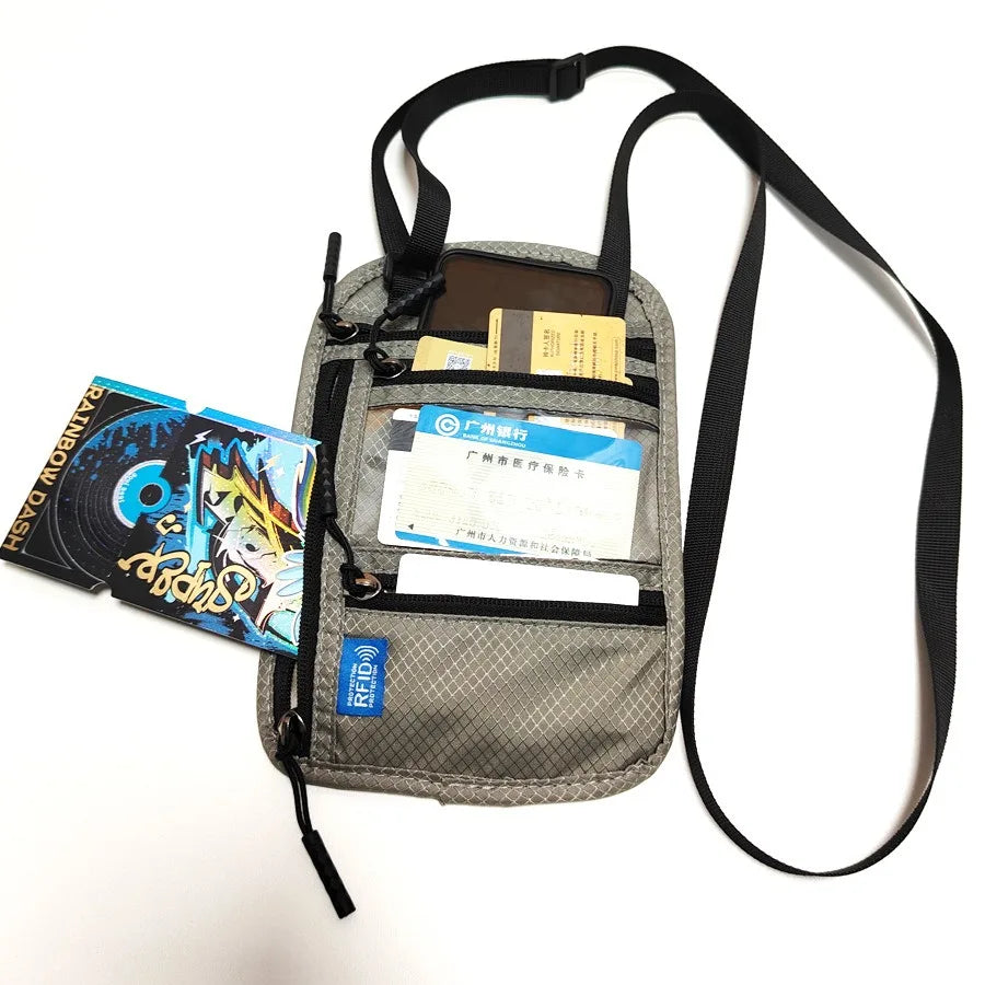 RFID Blocking RFID Passport Bag Multi-Pockets Anti-theft Passport Document Bag with Adjustable Neck Strap Waterproof
