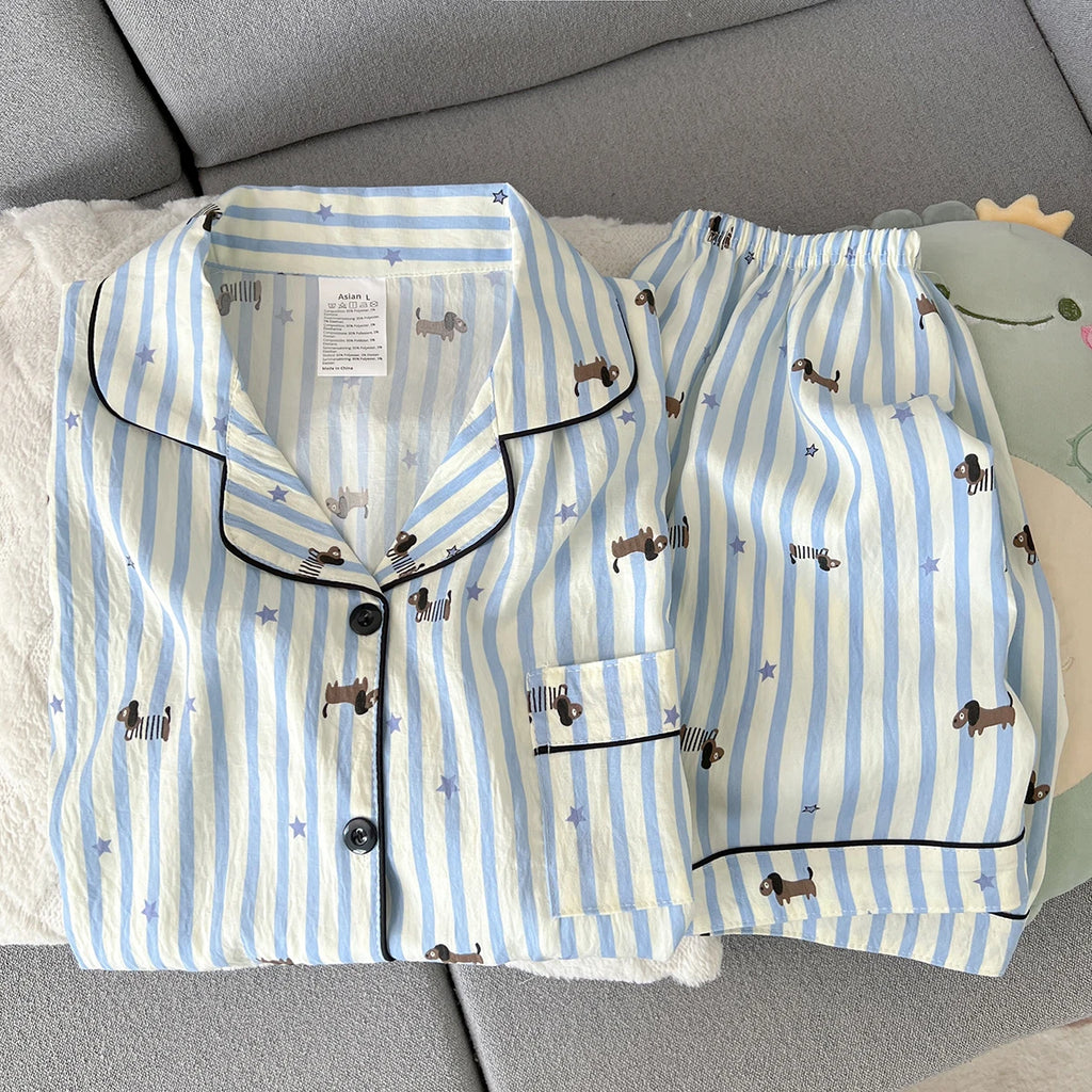 Women's Summer Pajamas, Thin Striped Puppy Pattern Short-Sleeved Shorts, Sweet and Cute, Can Be Worn Outside in Summer, Two-Piece Home Wear Set