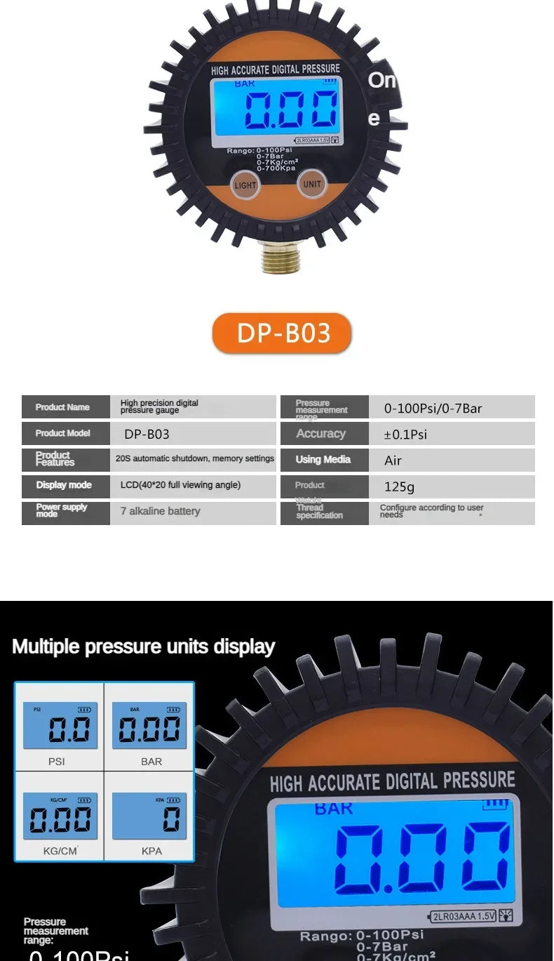 Stable High Precision Full View Digital Pressure Gauge 0-100PSI Electronic Pressure Gauge Pressure Gauge G1/4