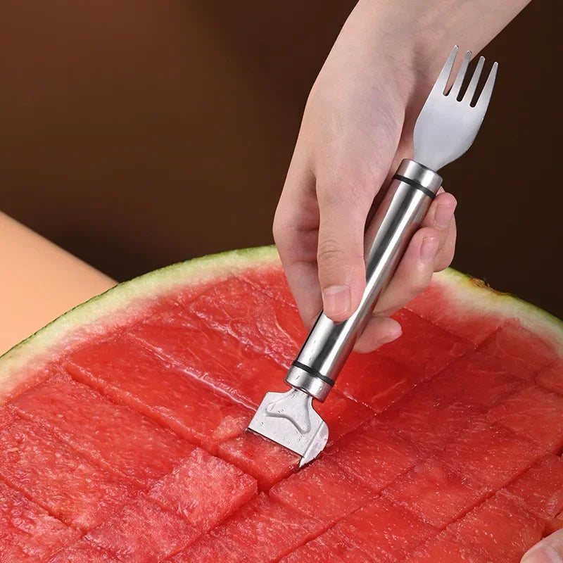 2-in-1 Stainless Steel Fruit Cutter,Dual Head Watermelon Fork Cutter Slicer Tool for Home Kitchen Gadget Melon Cube Cutter