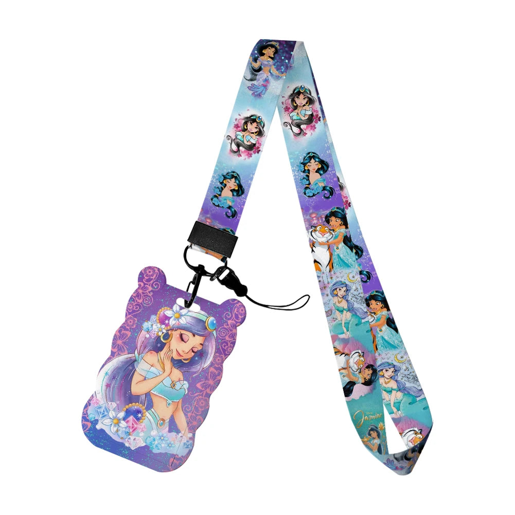 Disney Jasmine Princess Irregular Head Shape Badge Holder Lanyard Keys Chain ID Credit Card Cover Bus Card Holder Glitter Charms