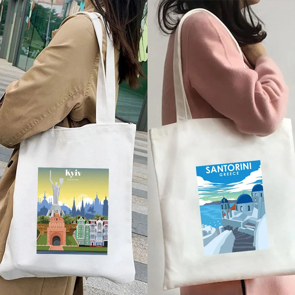 Kyiv Ukraine Milan Rio De Janeiro San Diego Santorini Greece Sydney Tokyo Women Canvas Shoulder Cotton Tote Bag Shopping Handbag