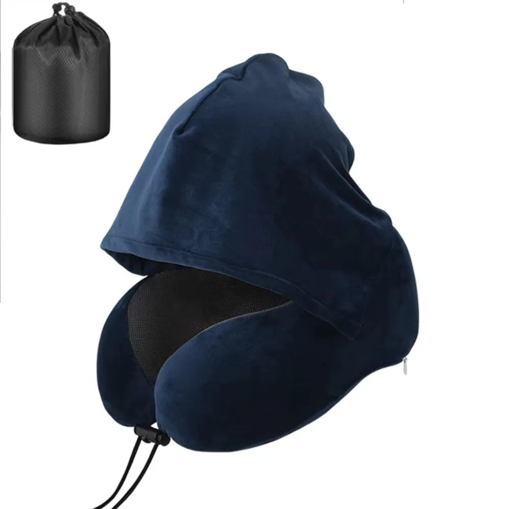 Removable Travel Neck Pillow Adjustable Washable Cover Hooded Pillow Comfortable with Storage Bag U-shaped Pillow with Cap