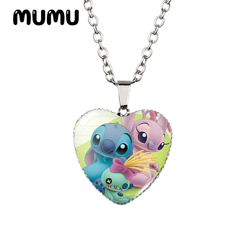 2024 New Lilo Stitch Angle Heart Necklace Glass Printed Photo Pendant Handmade Jewelry Gifts Children
