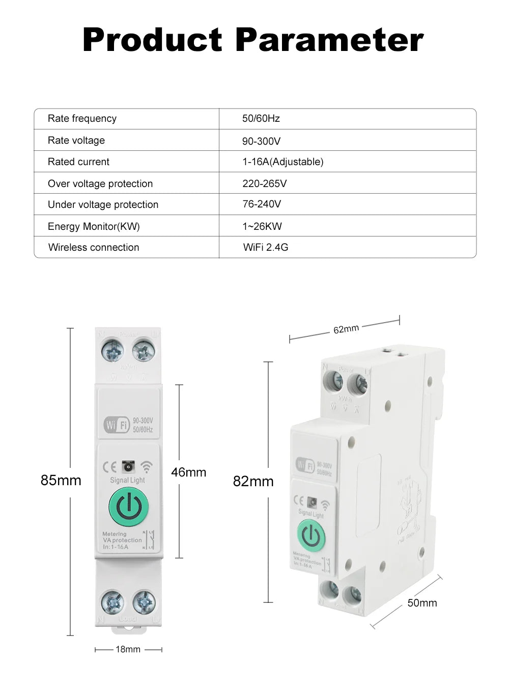 Manhot WiFi Smart Circuit Breaker MCB 1P+N 16A Switch Energy Meter Kwh Metering Monitoring Circuit Breaker Alexa Work With Tuya