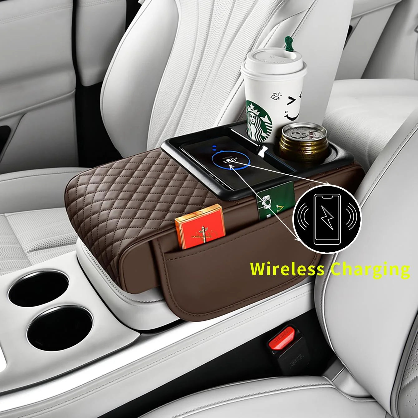 1 Car Armrest Box with Multiple Colors, Compatible with Apple and Huawei Wireless Charging, Comes with a Pack of Tissues and a Coaster