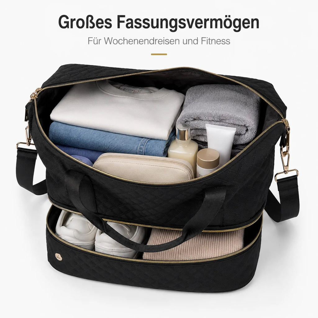 Large Quilted Travel Duffle Bag with Separate Bottom Compartment and Adjustable Shoulder Strap for Weekend and Gym