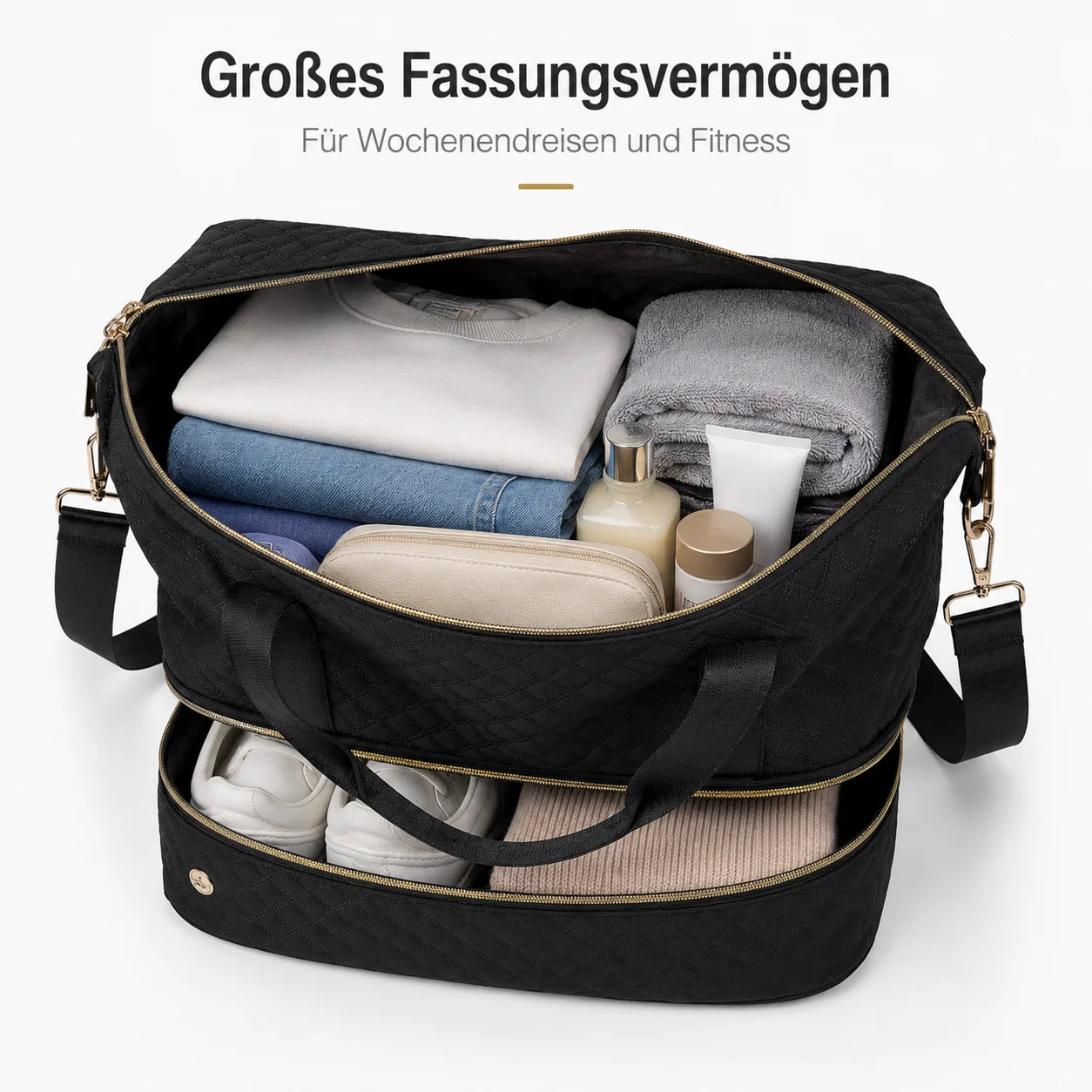 Large Quilted Travel Duffle Bag with Separate Bottom Compartment and Adjustable Shoulder Strap for Weekend and Gym