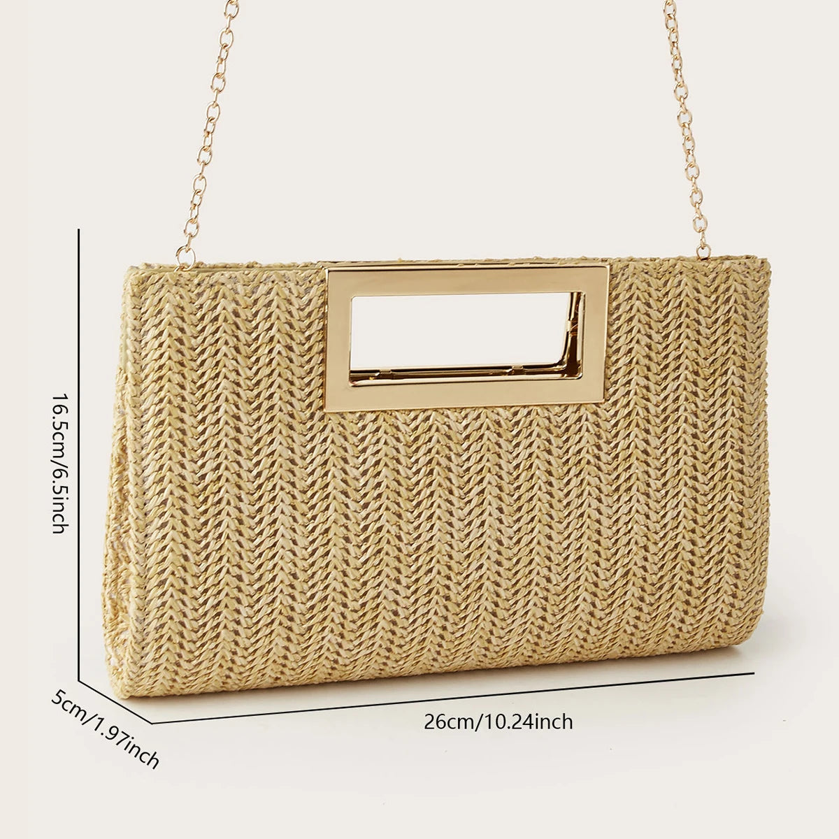Women's Woven Handbag, Summer Beach Essential, Vacation Season, Solid Color, Straw Bag, Versatile Party Handbag, Detachable Shoulder Strap, Light Luxury Metal Handbag, Beach Wedding Handbag