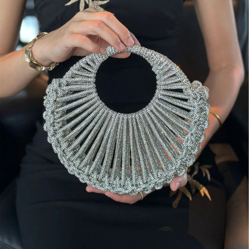 Shiny Clutch Evening Bag Female 2026 Trend Handwoven Silver Rayon Circular Handbag New Elegant Luxury Wedding Party Banquet Bag