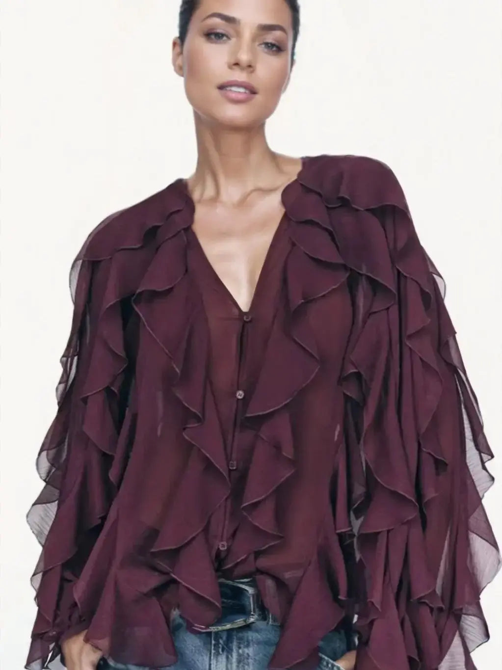 2026 Summer Chic Women's Elegant Loose Long Sleeve Layered Shirts Office Lady Vintage V-neck Translucent Tierred Ruffles Blouses