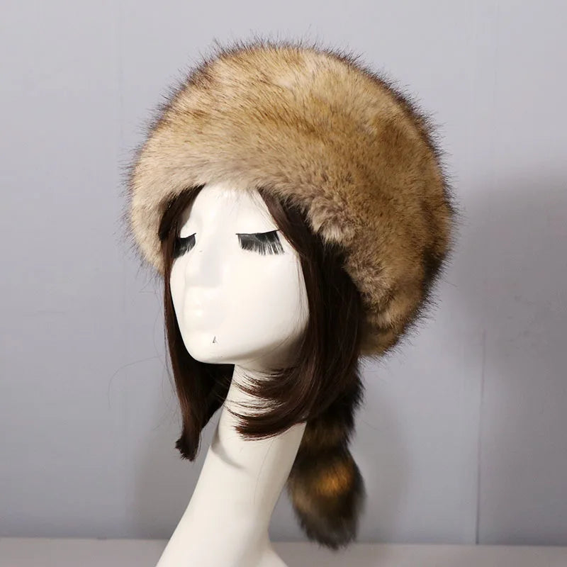 Autumn and Winter New Fashion Flat Top Russian Style Hat Warm Thicken Plush Raccoon Hat for Adult Kids Unisex Fur Hat Winter
