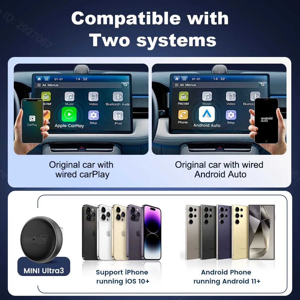 CarlinKit Mini Ultra 3 Wireless CarPlay & Android Auto Adapter Wired To Wireless USB Dongle Plug and Play Fast Auto Connection