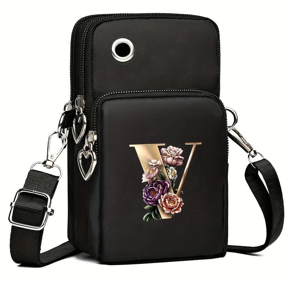 Fashion A-Z Letter Print Women's Crossbody Bag Large Capacity Three-Layer Zipper Phone Bag Daily Travel Coin Purse
