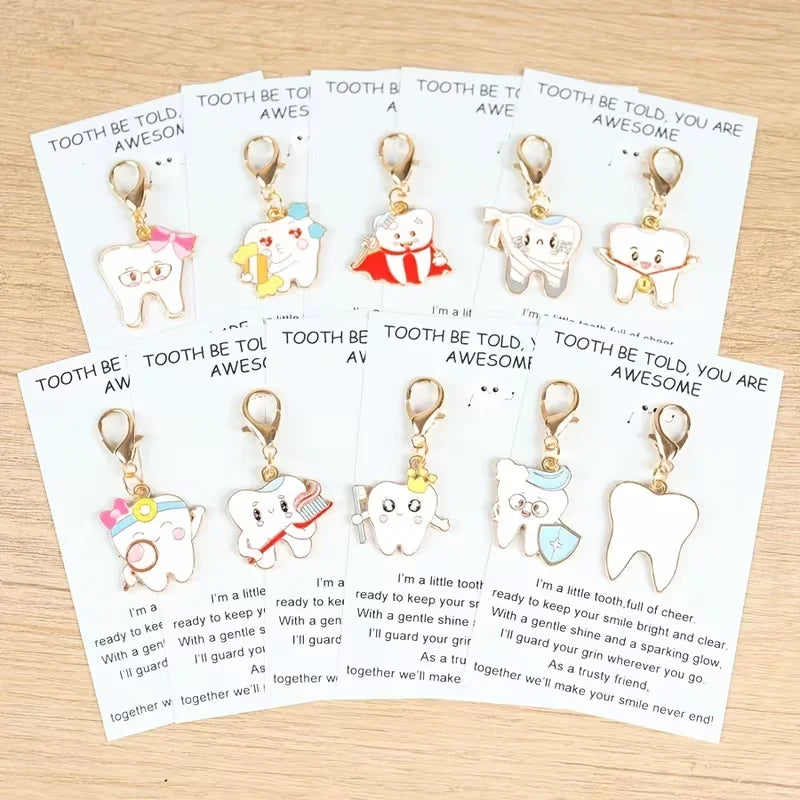 10 Pieces of 2D Cartoon Tooth Keychains, Including Inspirational Greeting Cards, Dental-Themed Exclusive Accessories, Suitable for Various Styles of Wear, Versatile for Daily Commuting; Creative and Trendy Gifts, Perfect for