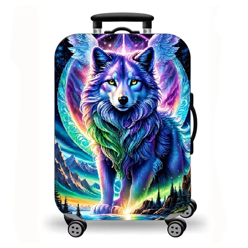 Luggage Cover, Fantasy Wolf Lion Tiger Fire Ice Print Stretch Suitcase Protector, Washable Anti-Scratch Travel Baggage Cover
