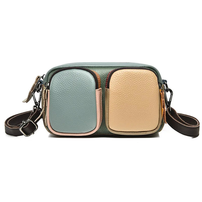 Women's color-blocking, large-capacity single-shoulder bag with top layer cowhide and multi-functional crossbody bag