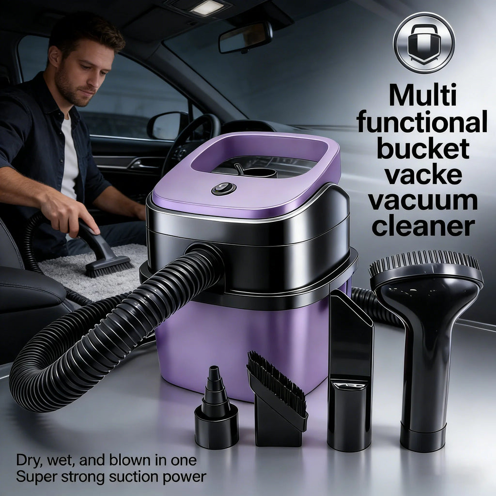 12V Bucket Car Vacuum Cleaner Wet and Dry Use Multi-functional Portable Powerful Suction Large Capacity With Multiple Nozzles